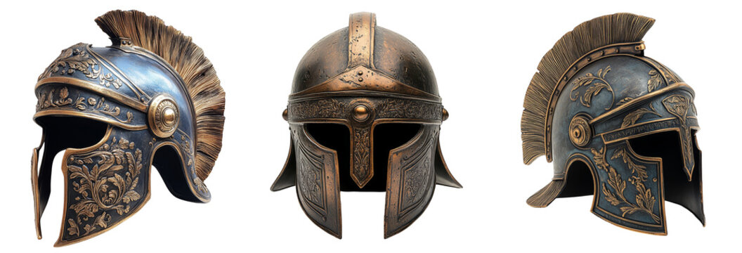 Ancient warrior helmets with intricate bronze details historical armor design transparent background