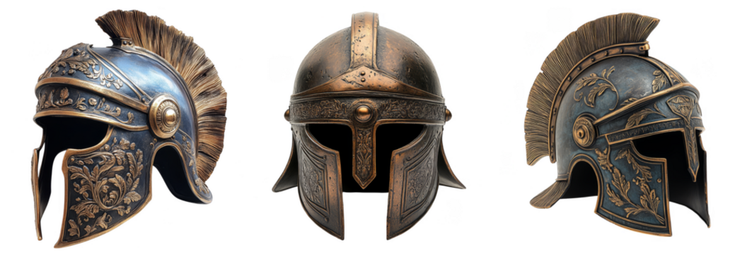Ancient warrior helmets with intricate bronze details historical armor design transparent background