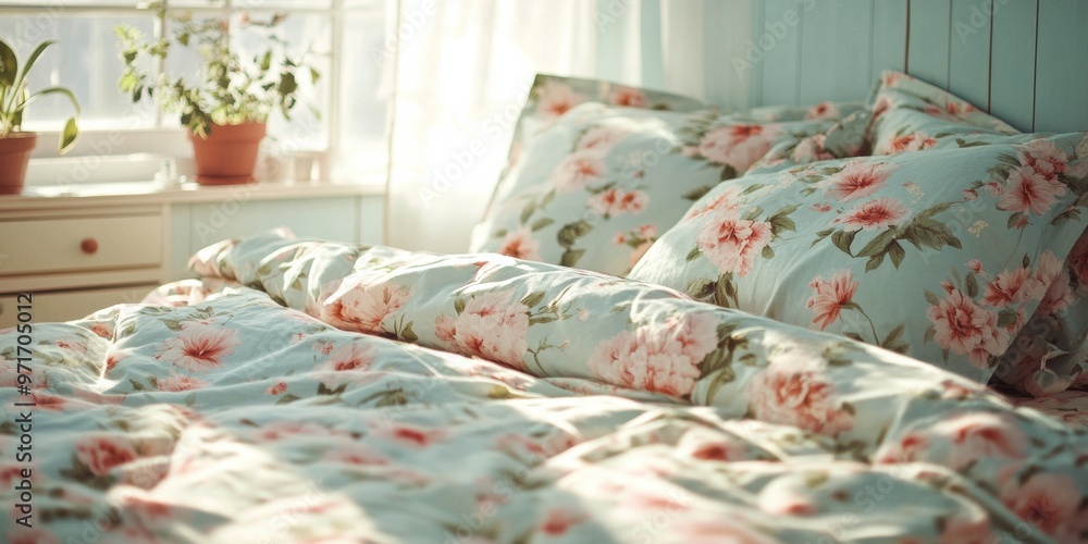 Poster Cozy Floral Bedding in a Sunlit Room