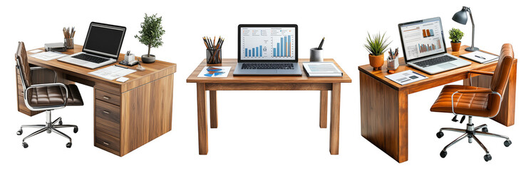 Office desks with laptops and office supplies business workspace and productivity transparent background