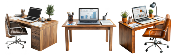 Office desks with laptops and office supplies business workspace and productivity transparent background