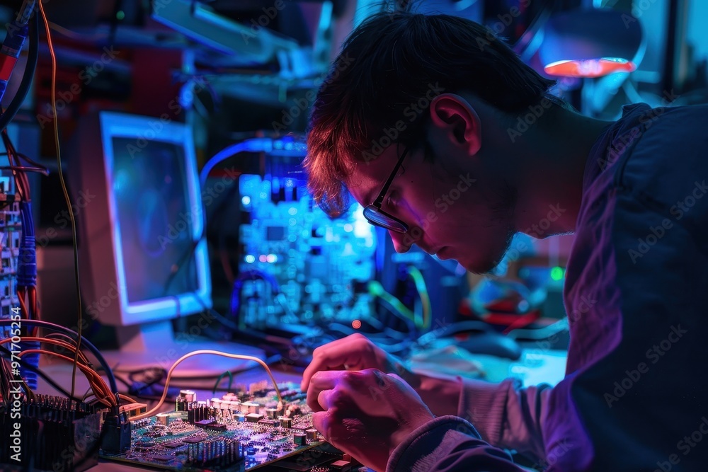 Poster young individual working intently with electronic components in a dimly lit room filled with compute