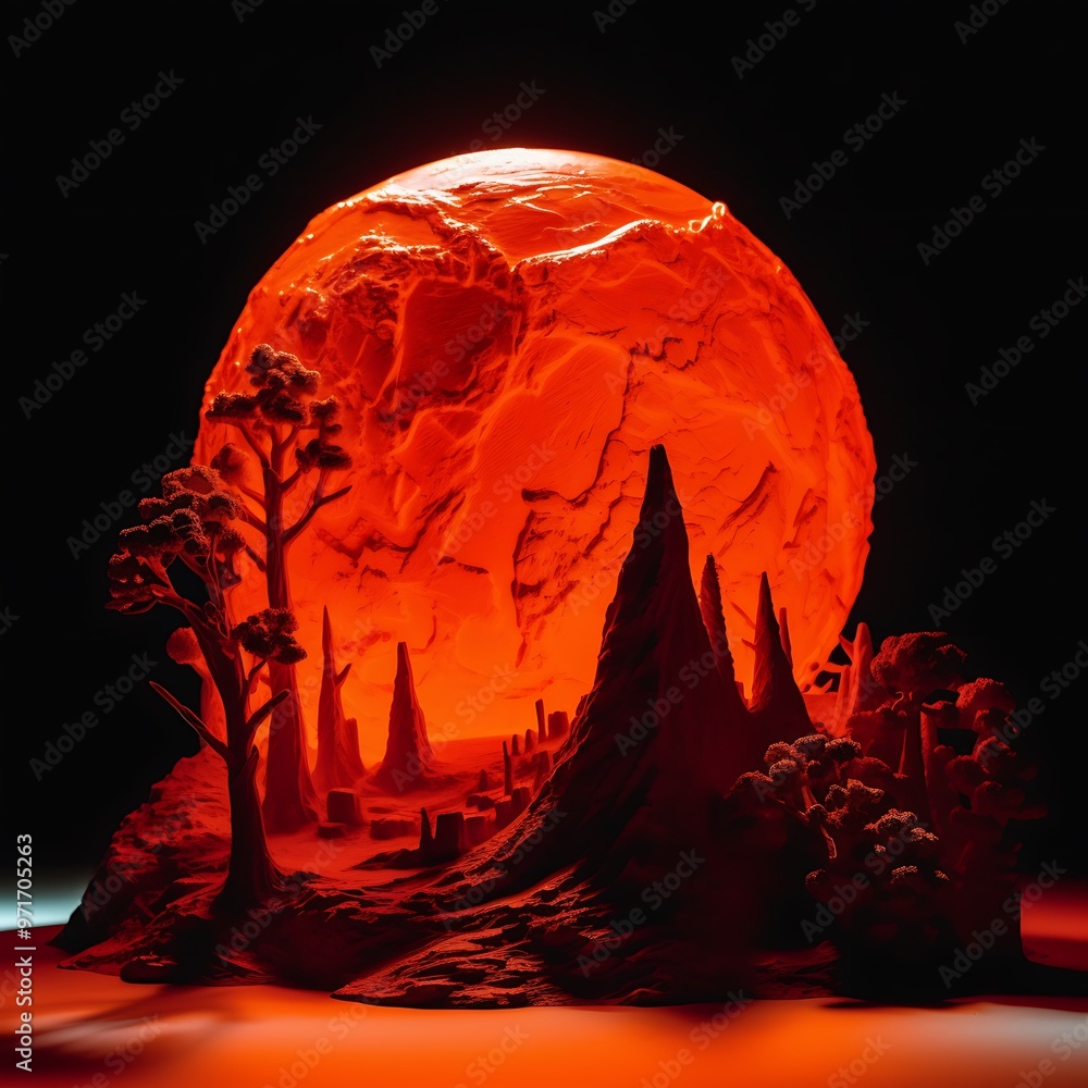 Poster a 3d rendering of a futuristic landscape with a glowing red orb in the background.