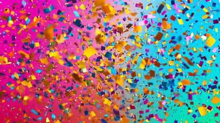 Colorful confetti falling on a bright pink and blue background.