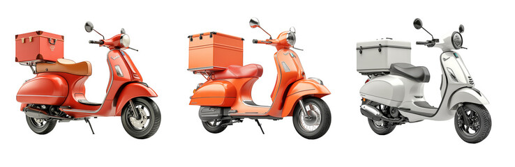 Delivery scooters with cargo boxes transportation and logistics service transparent background