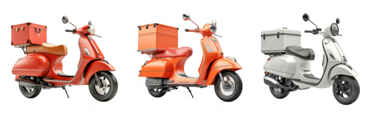 Delivery scooters with cargo boxes transportation and logistics service transparent background