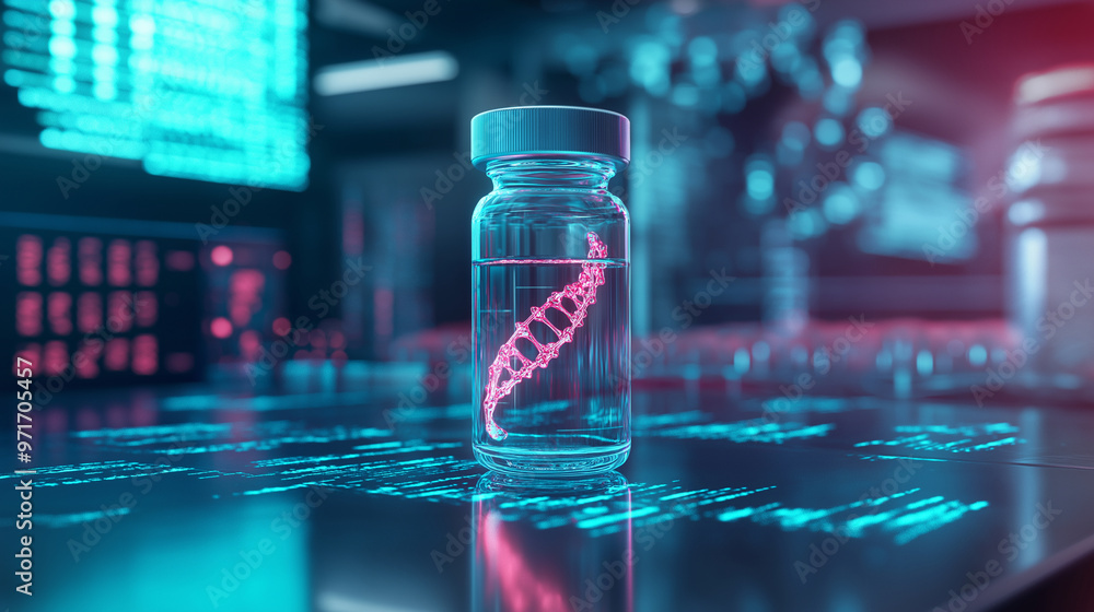 Poster a transparent vial containing a luminous dna helix, set on a metallic lab table surrounded by advanc
