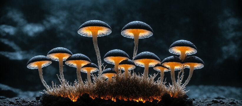 Beautiful mycelium, mushrooms with black caps and yellow legs grow on black tar rock inside the cave , glowing orange center of the claster. Mushroom cultivation. Digital Concept Illustration 