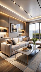 Fototapeta premium Domestic and cozy interior of living room with sofa, plants, shelf, coffee table, boucle rug, mock up poster frame, side table, plant and elegant decoration Beige wall. Home decor. Template