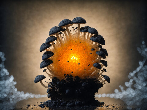 Beautiful mycelium, mushrooms with black caps and yellow legs grow on black tar rock, glowing orange center of the claster. Mushroom cultivation. Digital Concept Illustration 