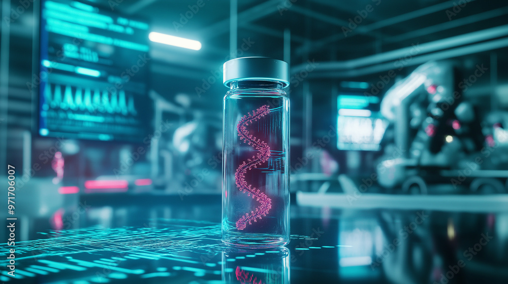 Poster a glowing vial with a twisting dna helix inside, set in a high-tech lab environment with sleek surfa