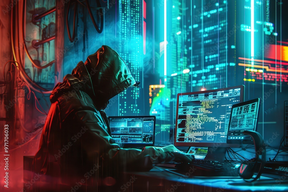 Poster a focused individual works on multiple computer screens in a dimly lit environment, engaged in codin