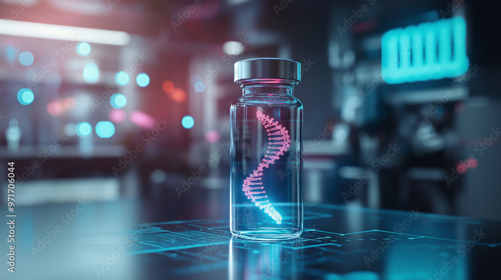 Aufkleber a vial holding a spiraling dna helix, resting on a high-tech lab table with holographic projections 