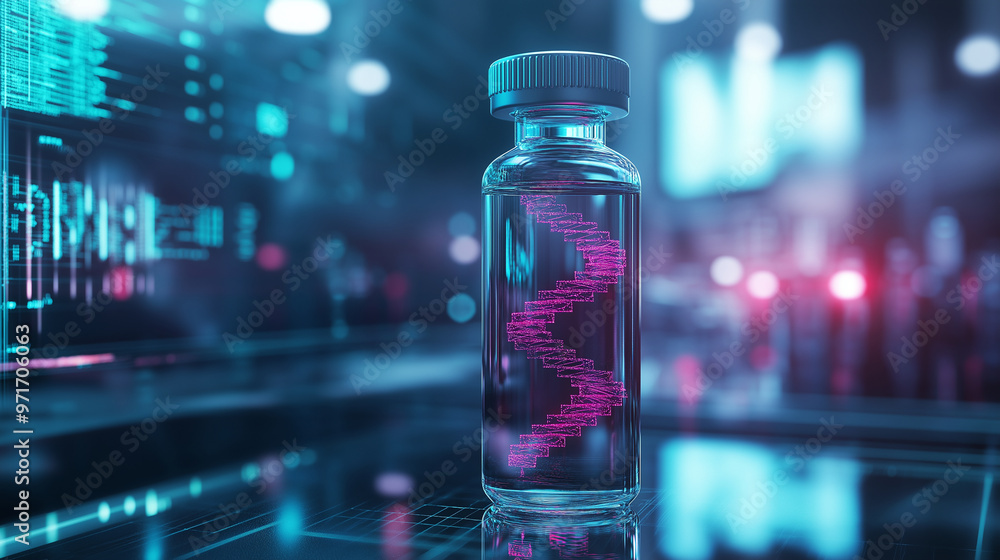 Poster a vial holding a spiraling dna helix, resting on a high-tech lab table with holographic projections 