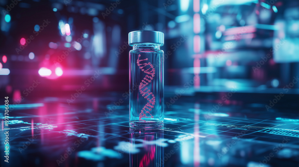Poster a vial holding a spiraling dna helix, resting on a high-tech lab table with holographic projections 