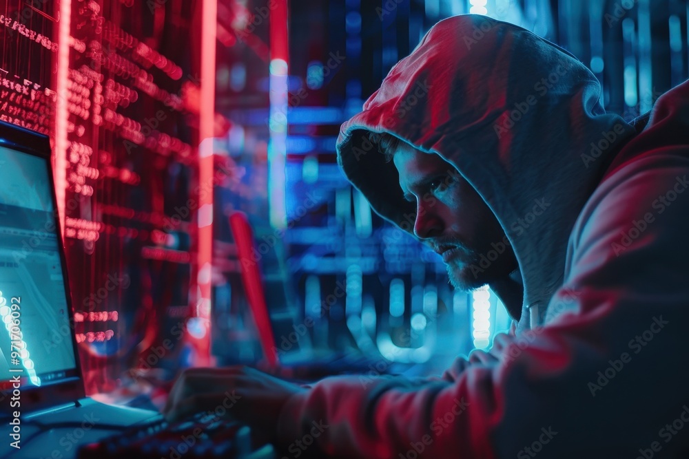Aufkleber A focused individual works on a computer surrounded by vibrant neon lights in a dimly lit room showcasing coding and technology