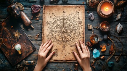 Hands holding an ancient astrological chart surrounded by mystical tools and crystals on a wooden table illuminated by candlelight