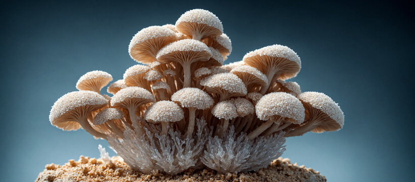 Rare caramel crystal mushrooms grow on yellow quartz mycelium stone, close-up. Unique and unusual species. Digital Concept Illustration