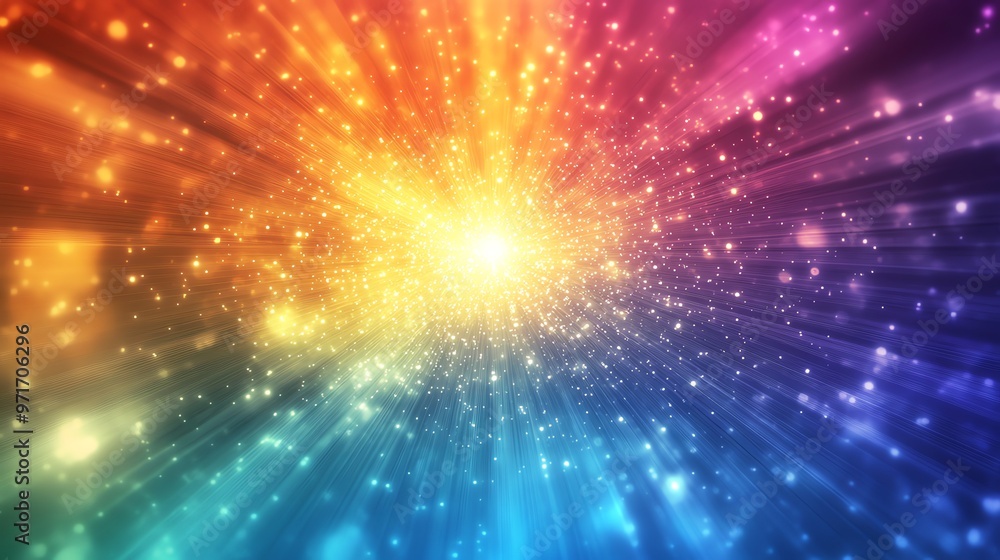 Poster abstract background of colorful light rays and glitter.