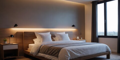 Elegant Modern Bedroom Interior with Neutral Tones and Artistic Wall Decor - Perfect for Home Design Inspiration