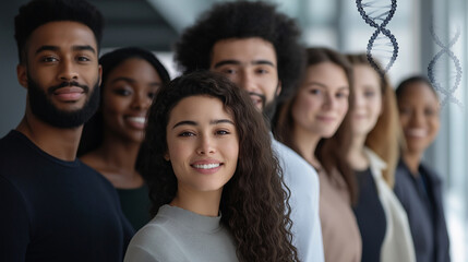 A group portrait featuring individuals from various ethnic backgrounds, with floating DNA helices behind them, representing the importance of genetic counseling in addressing diver