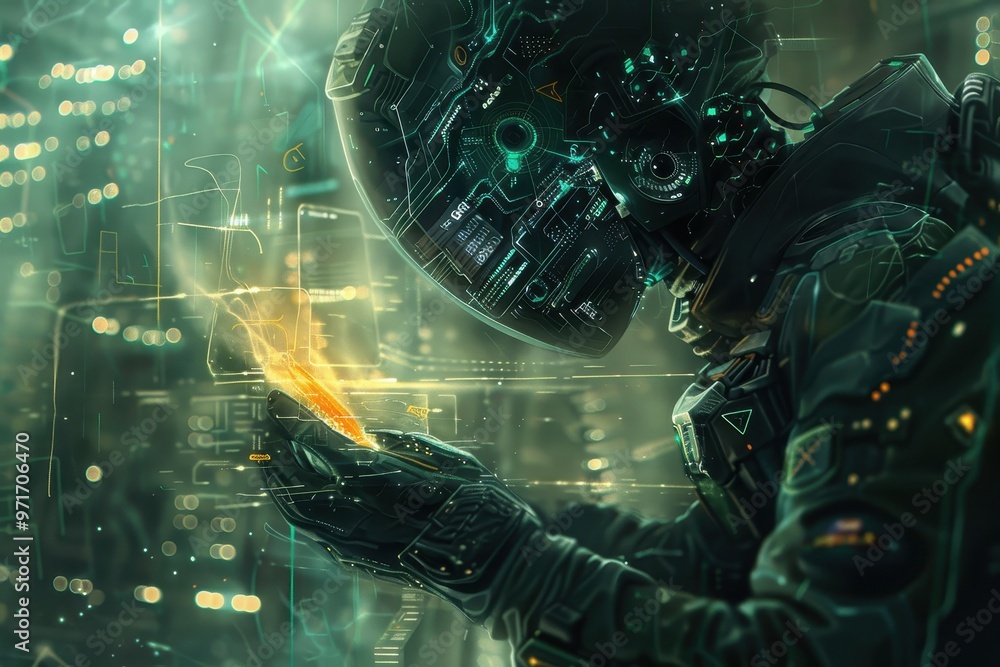 Aufkleber A detailed view of a futuristic humanoid robot with intricate technology highlights and glowing blue eye features in a high-tech environment