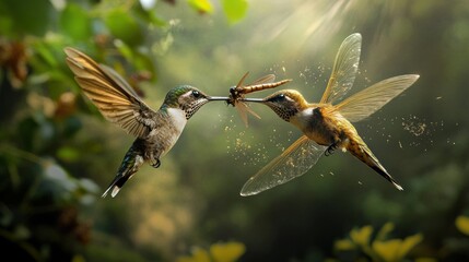 Fototapeta premium Two Hummingbirds in Flight, One Catching a Dragonfly