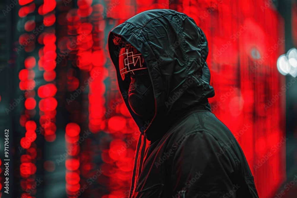 Poster a figure wearing a mask types on a keyboard surrounded by glowing screens in a dimly lit room, portr