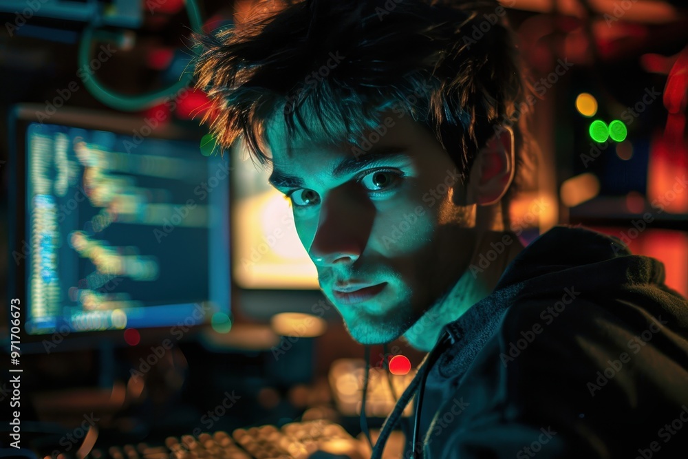 Aufkleber A focused individual coding in a dimly lit room illuminated by colorful LED lights during the late hours of the night