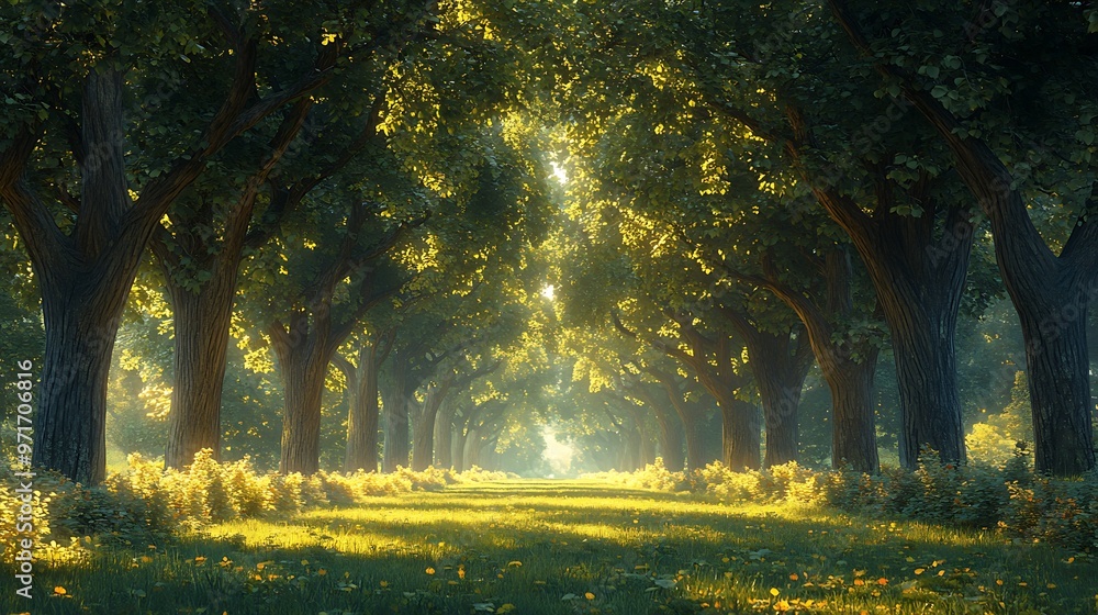Poster sunbeams stream through a canopy of trees, illuminating a path leading into the distance.