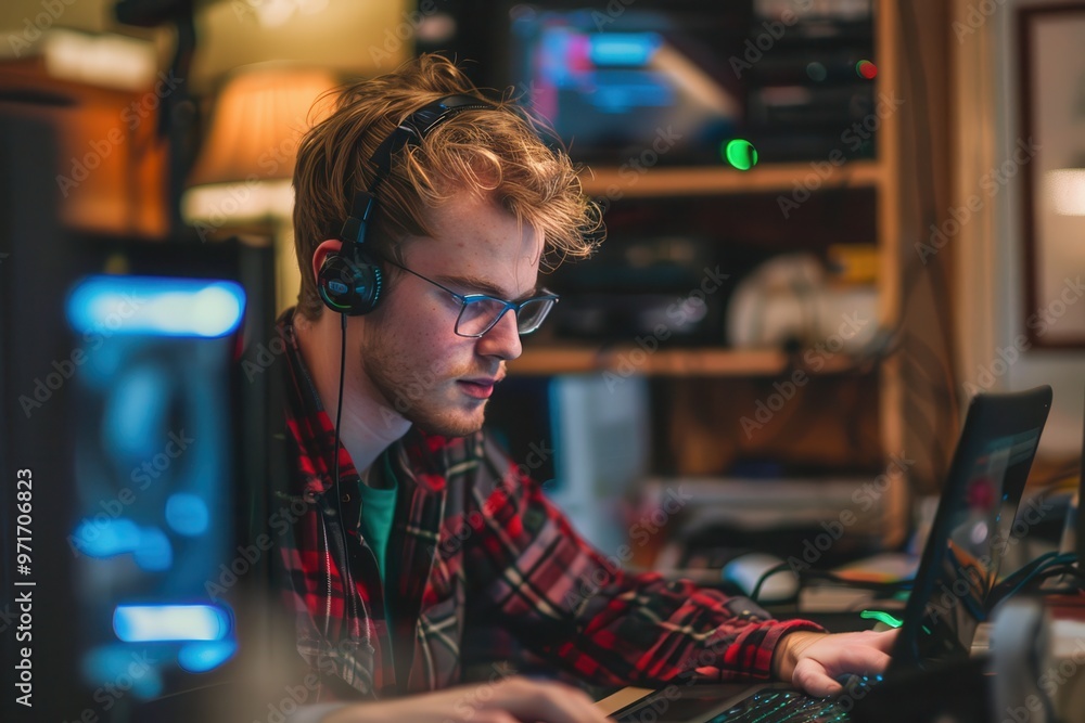 Leinwandbilder a focused individual coding in a dimly lit room illuminated by colorful led lights during the late h