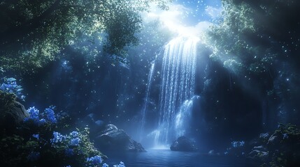 Magical waterfall in a lush forest, bathed in ethereal light.