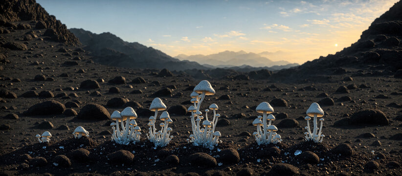 Unusual white psychedelic mushrooms grow high in the mountains, panoramic scenery. Digital photorealistic illustration. The medicine of the future, a super medicine, smart drug