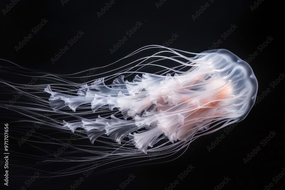 Poster a stunning jellyfish gracefully swims through dark waters, showcasing its vibrant colors and flowing