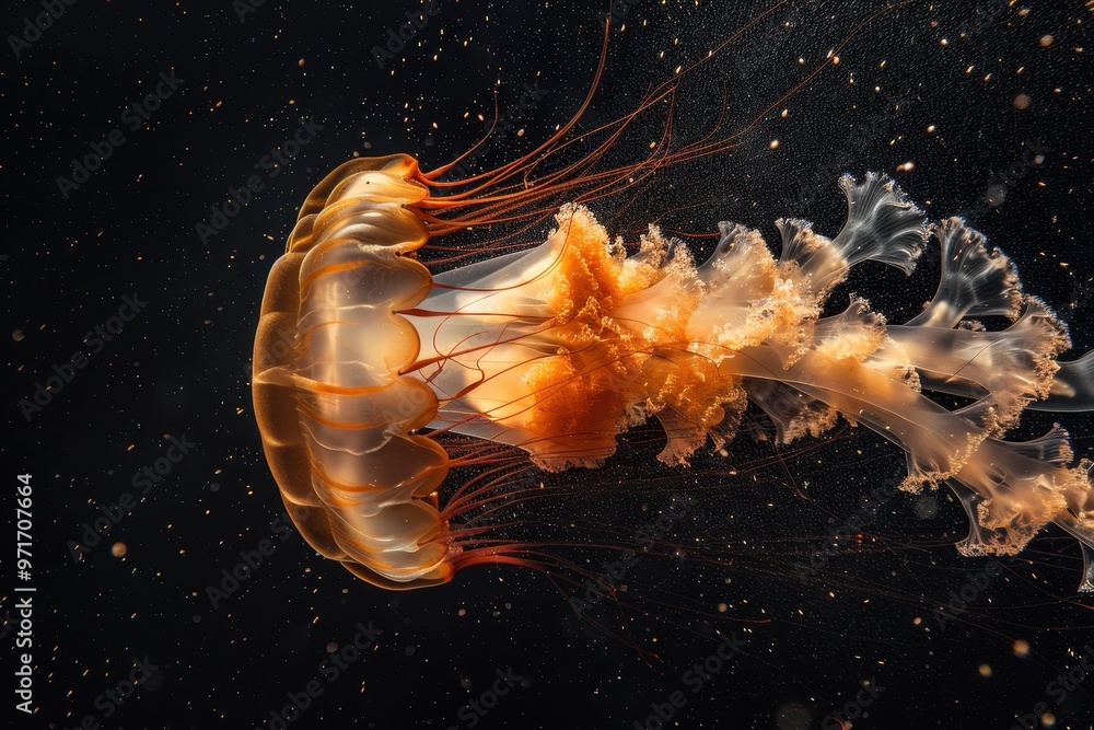 Poster a stunning jellyfish gracefully swims through dark waters, showcasing its vibrant colors and flowing