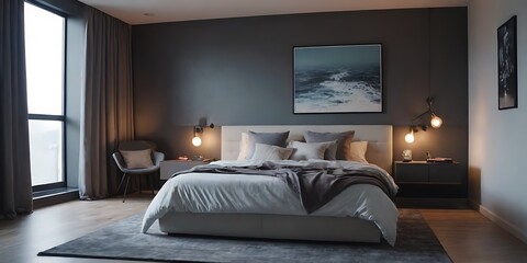 Elegant Modern Bedroom Interior with Neutral Tones and Artistic Wall Decor - Perfect for Home Design Inspiration