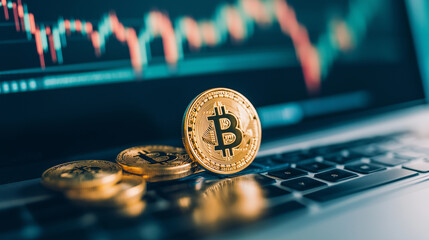 Golden coins representing various cryptocurrencies placed on a laptop keyboard, with a glowing trading chart in the background, symbolizing the global reach and potential of digita