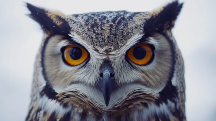 Obraz premium Close-up of a Great Horned Owl's Face with Intense Gaze