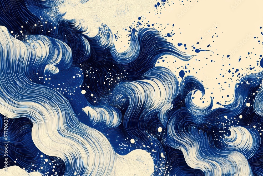 Sticker Dynamic Ocean Waves Abstract Art in Blue Tones