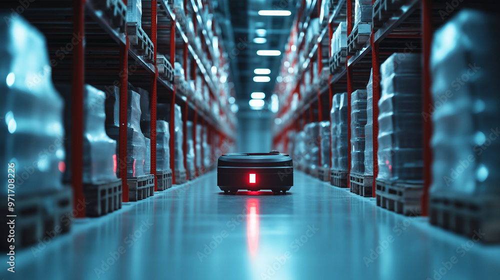 Poster robots gliding through narrow aisles in a warehouse, picking items with precision and speed, represe