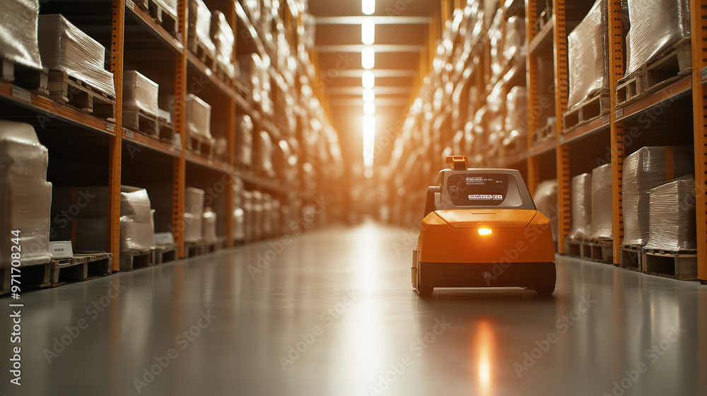 Poster robots gliding through narrow aisles in a warehouse, picking items with precision and speed, represe