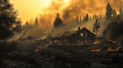 Fototapeta premium Wildfires Ravaging Northern California, Destroying Forests and Homes Amid Extreme Drought Conditions
