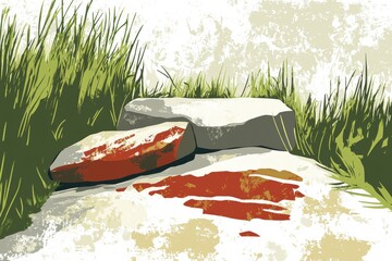 Illustration of Stones with Grass and Red Accents