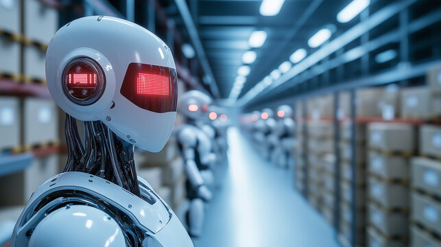 Robots with advanced AI systems working in a coordinated manner in a high-tech warehouse, ensuring fast and accurate order fulfillment.
