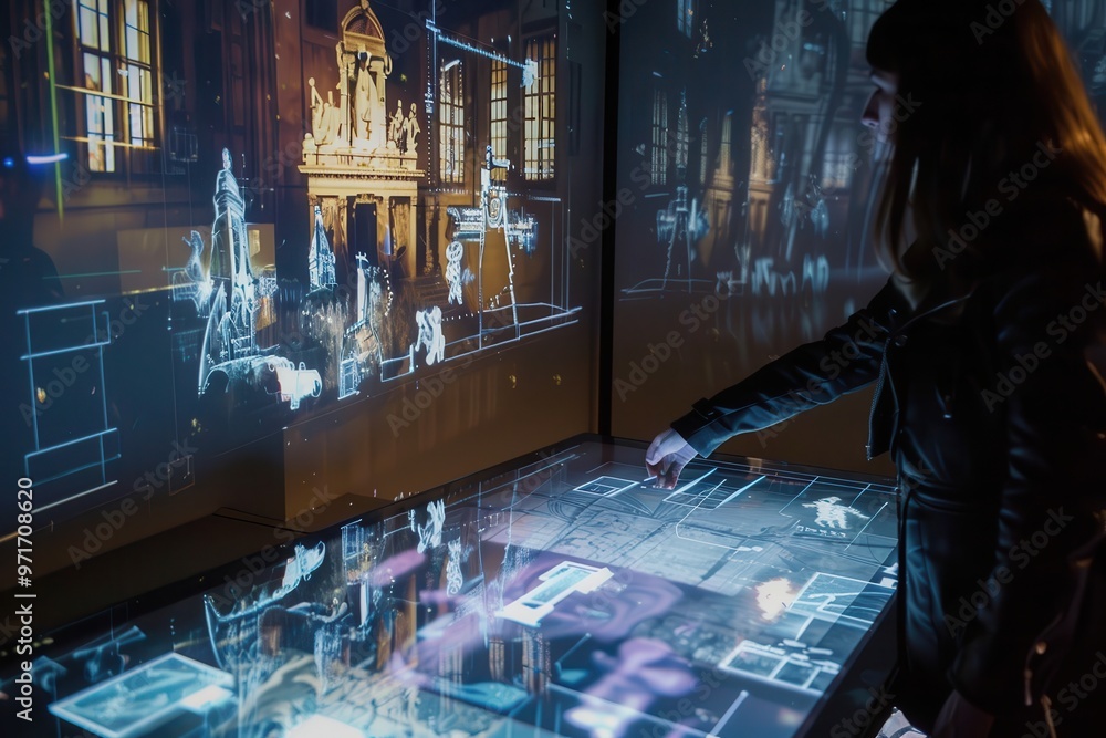 Poster an interactive digital table displaying futuristic data visualizations in a modern tech exhibition a
