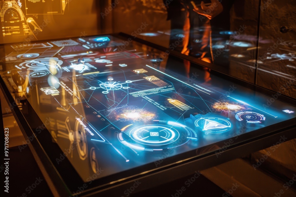 Poster an interactive digital table displaying futuristic data visualizations in a modern tech exhibition a