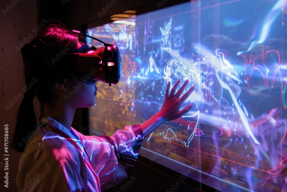 Poster an interactive digital table displaying futuristic data visualizations in a modern tech exhibition a