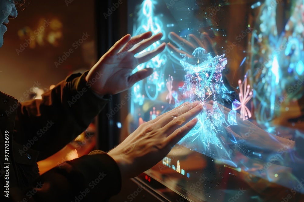 Poster an interactive digital table displaying futuristic data visualizations in a modern tech exhibition a