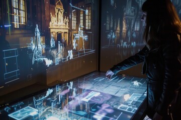 An interactive digital table displaying futuristic data visualizations in a modern tech exhibition at night