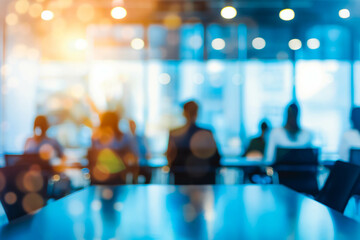 Blur office meeting blurred background with business people working group in boardroom discussion, executive seminar or professional training in enterprise